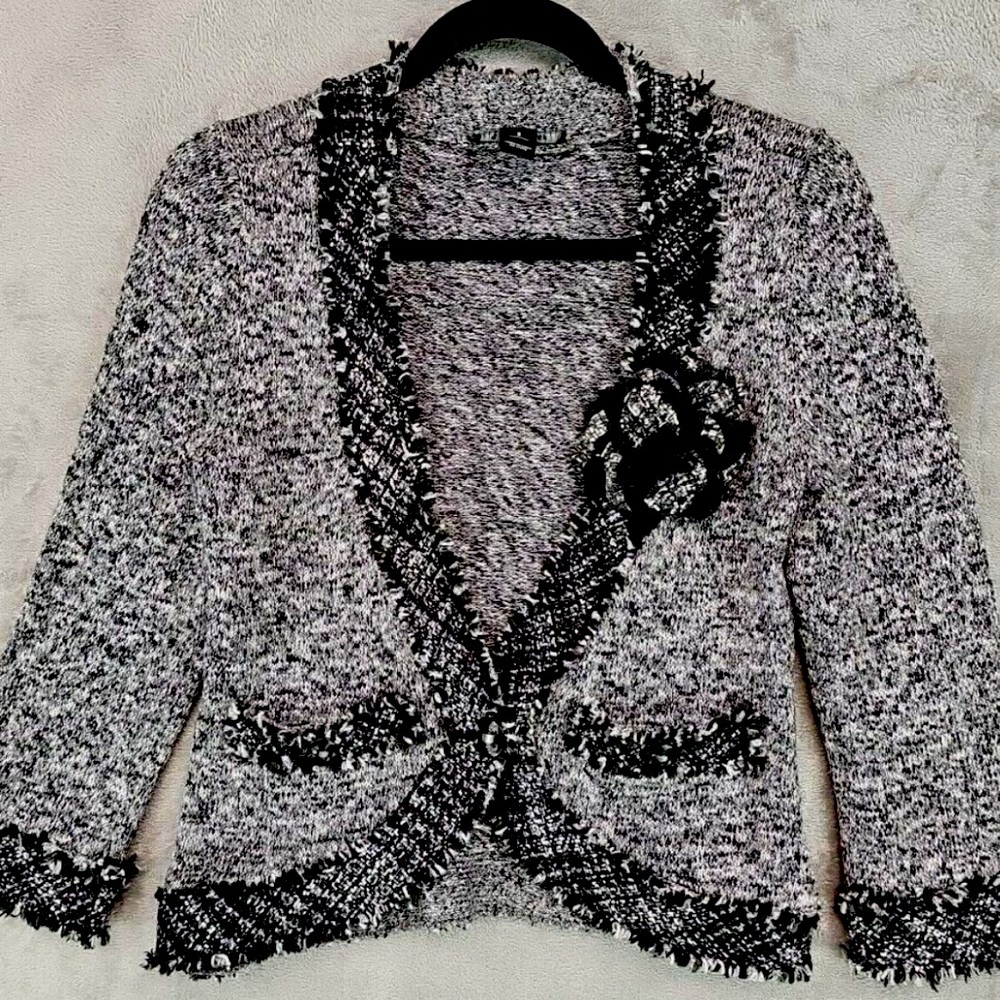WHITE HOUSE BLACK MARKET WHBM TWEED FRINGE TRIM CARDIGAN SWEATER BLAZER 🌟EUC🌟